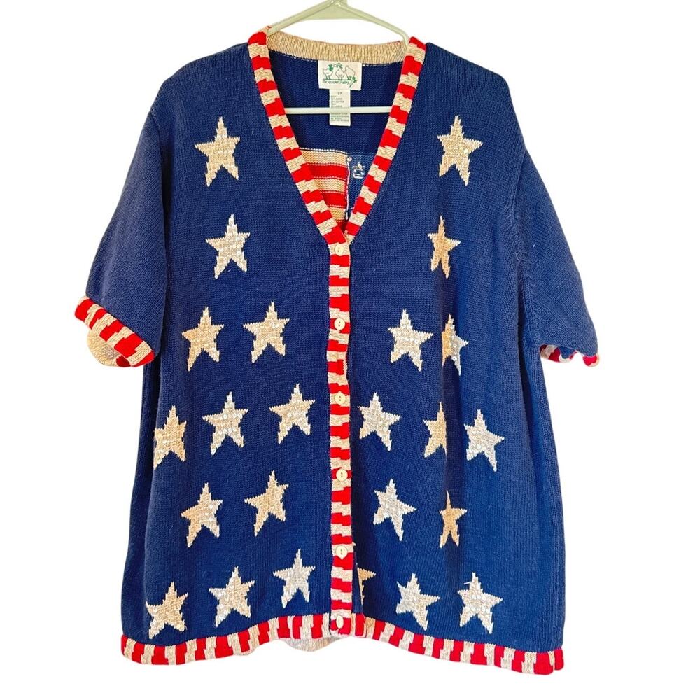 Quacker Factory American Flag Stars Knit Cardigan Size 2X